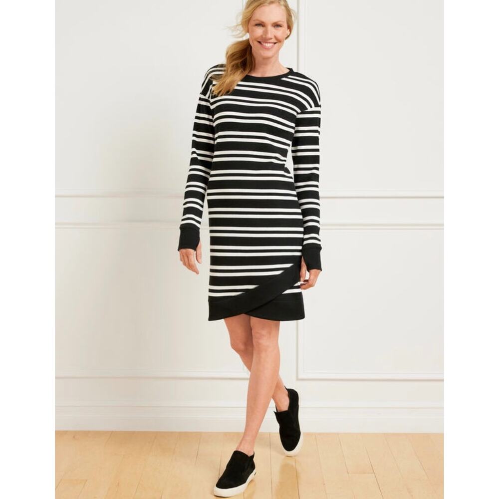 Talbots Womens M Black White Duet Stripe Tulip Hem Crewneck Casual Midi Dress